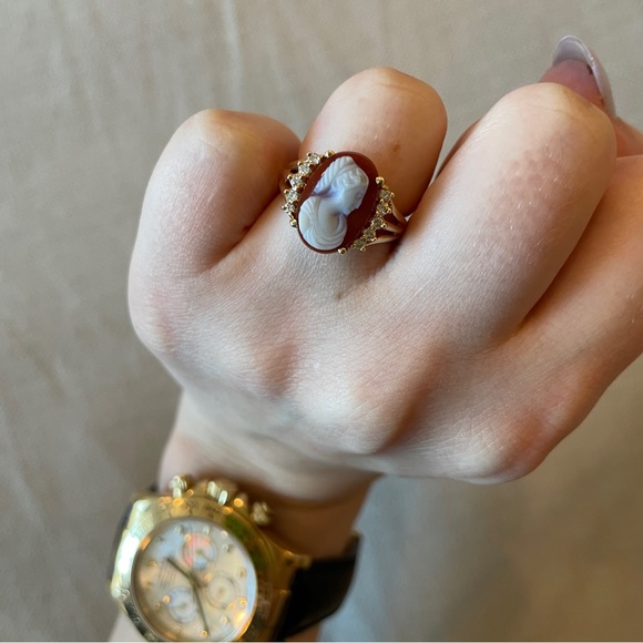 Antique❤️14K Gold❤️Diamond and Agate Cameo Portrait Statement Ring - Picture 4 of 12
